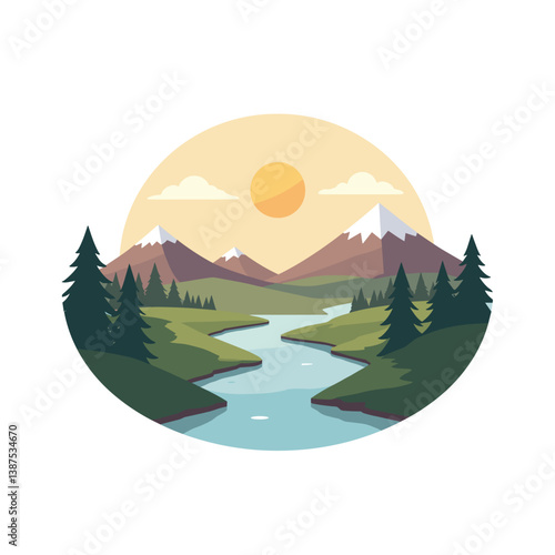 Scenic landscape with mountains and river at sunset  