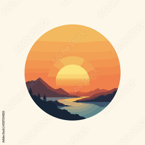 Modern sunset landscape with mountains and river in warm colors  