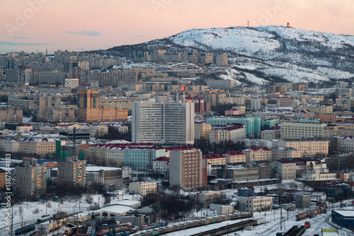 Cityscape of polar Murmansk on a March evening