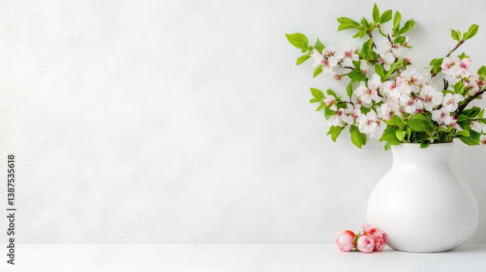 Fototapeta premium A white vase with delicate pink cherry blossoms on a minimalist white surface, and soft lighting creating a serene and elegant composition.