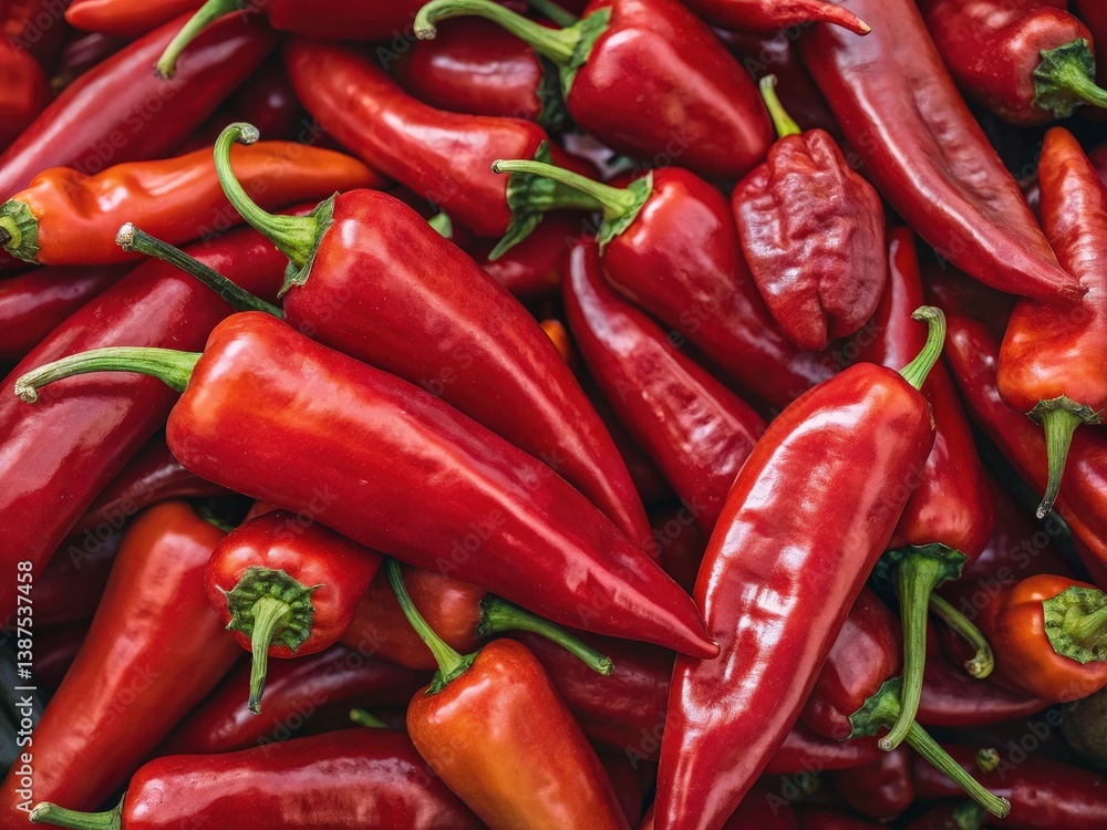 a large pile of red peppers with green stems. a large pile of red peppers with green stems.