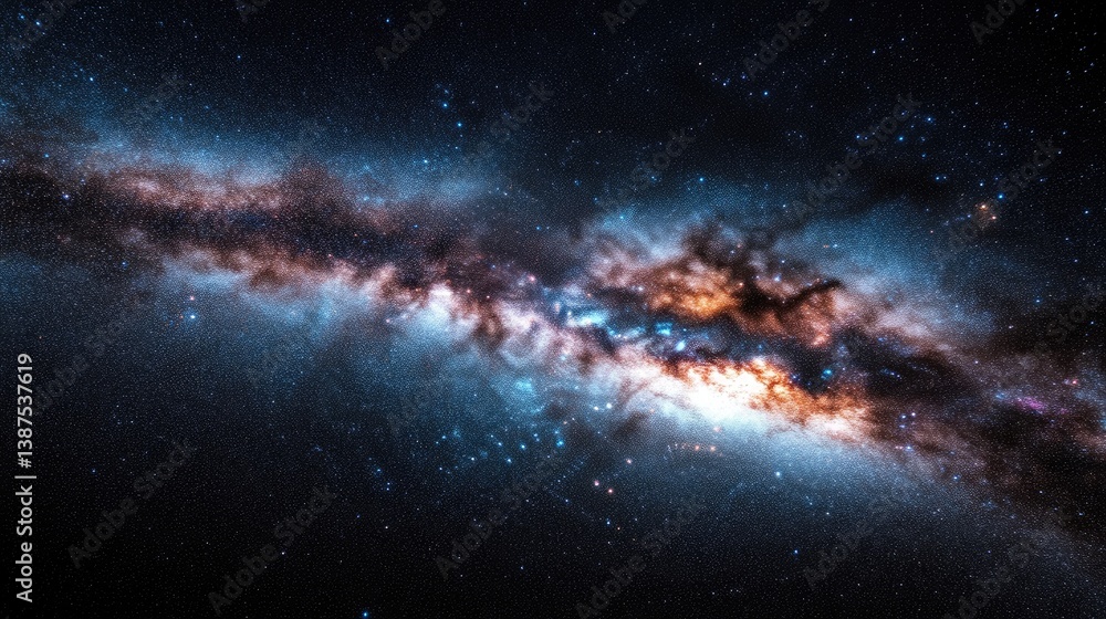A vibrant view of the Milky Way galaxy stretching across the night sky, showcasing colorful nebulae and star clusters, and cosmic beauty concept. A vibrant view of the Milky Way galaxy stretching across the night sky, showcasing colorful nebulae and star clusters, and cosmic beauty concept.