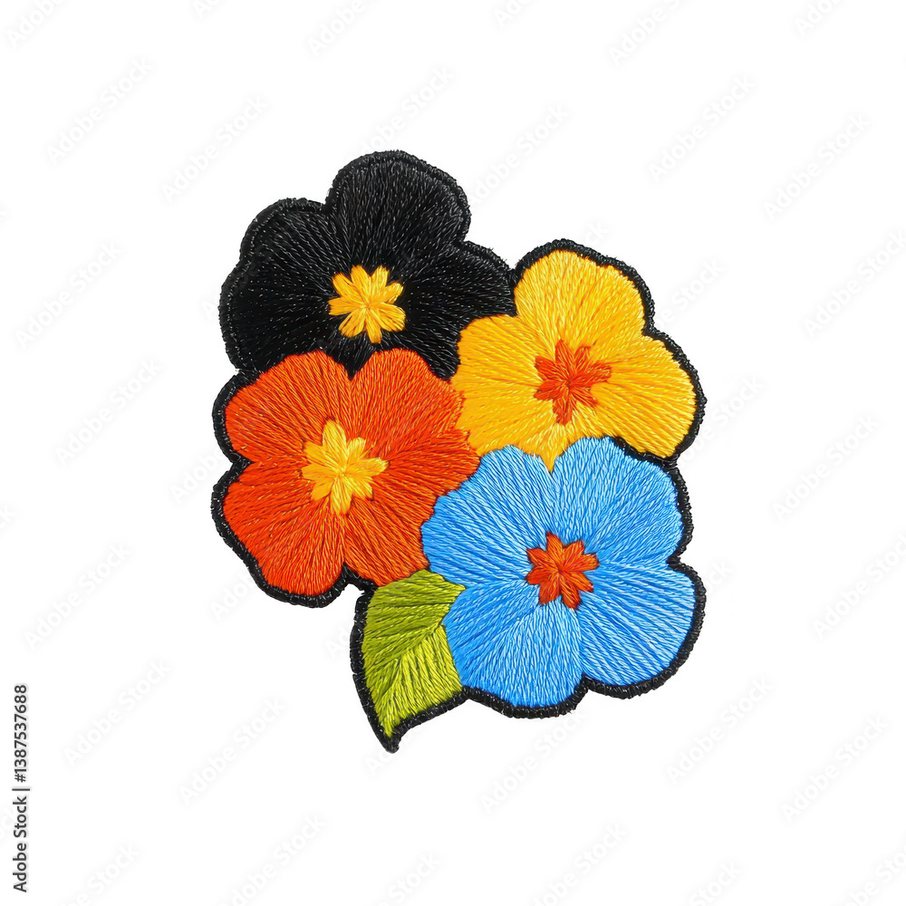Obraz premium A Colorful embroidered flowers with vibrant petals and green leaf create cheerful design. intricate stitching highlights texture and detail of each flower, adding handmade charm