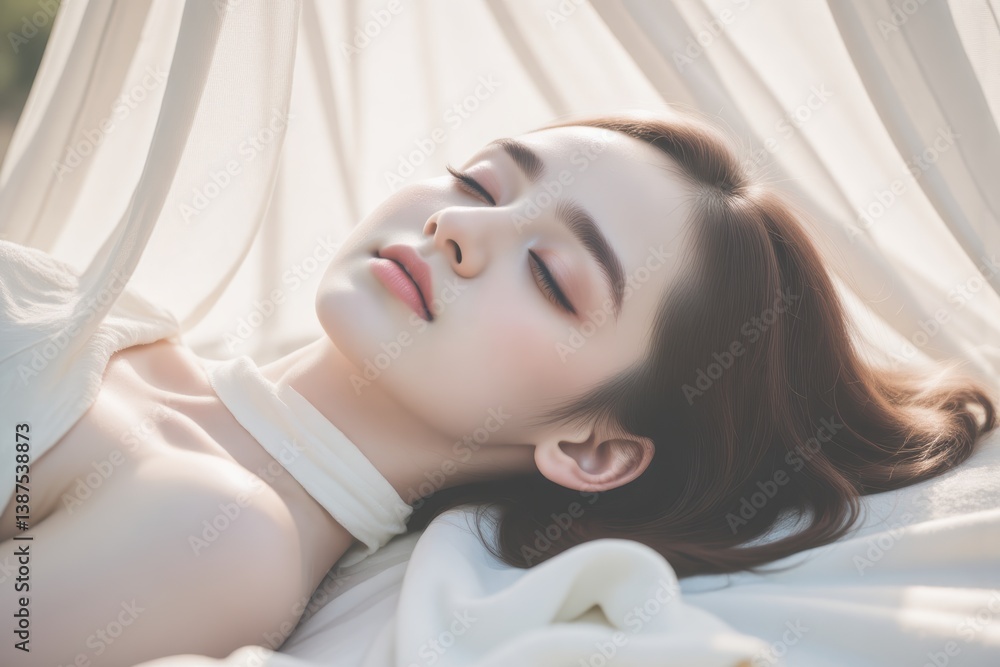 Serene Woman Relaxing Outdoors: Peaceful Sleep, Natural Beauty, Wellness Concept Serene Woman Relaxing Outdoors: Peaceful Sleep, Natural Beauty, Wellness Concept