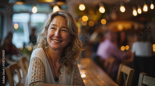 Middle-aged woman laughing joyfully with friends during a cozy evening dinner, surrounded by warmth and genuine connection