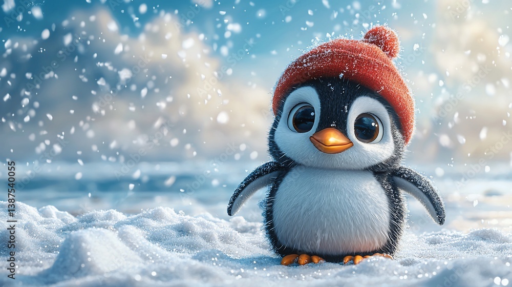 Fototapeta premium Cute penguin in snow, winter scene