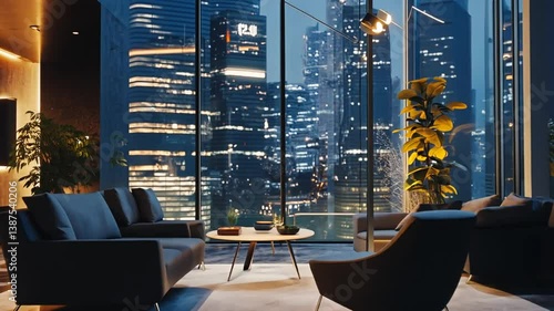 Luxurious modern living room with city skyline view through large windows at night.
