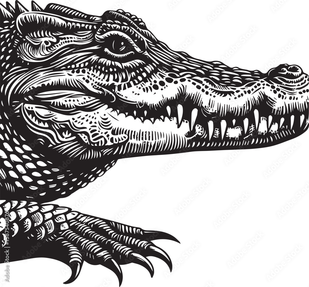 Obraz premium Crocodile Vector Art in Black and White – Detailed Reptile Graphic Design 