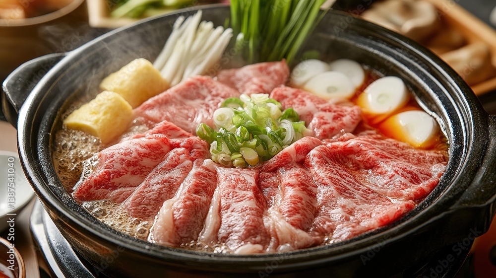 A high-quality wagyu beef sukiyaki hot pot with dipping sauce. A high-quality wagyu beef sukiyaki hot pot with dipping sauce.
