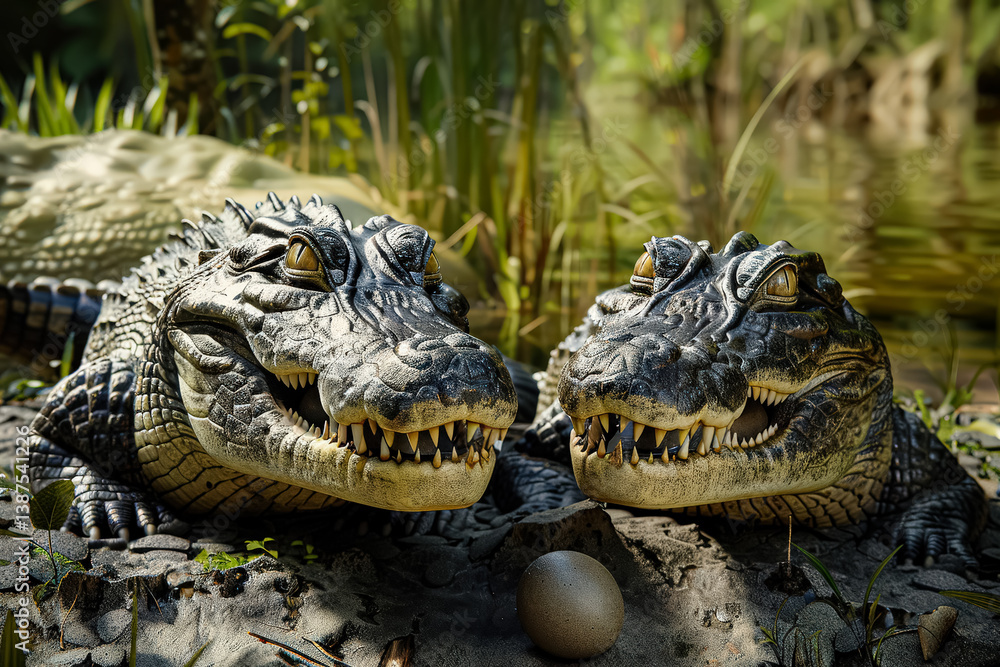 Fototapeta premium Two baby alligators are laying on the ground next to each other