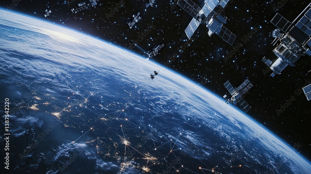 From the depths of space, Earth is surrounded by numerous satellites, creating a visible network of digital connections that encircle the planet From the depths of space, Earth is surrounded by numerous satellites, creating a visible network of digital connections that encircle the planet