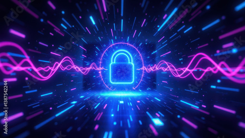 Wallpaper Mural Cybersecurity tunnel with digital lock and pulsating waves on glowing background. Torontodigital.ca