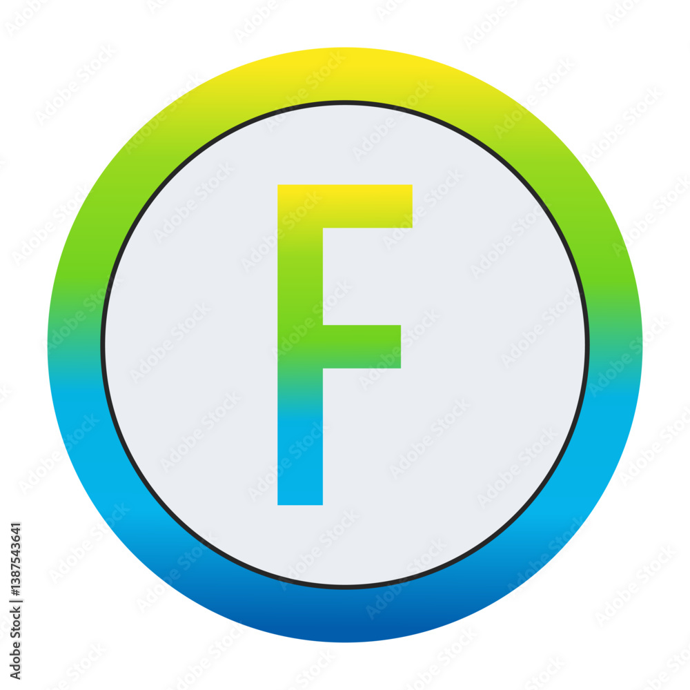 Vibrant Lemon Yellow, Soft Leaf Green, and Bright Sky Blue Gradient Capital Letter F in a Pure White Circle Framed by a Seamlessly Blended Color Gradient Border Vibrant Lemon Yellow, Soft Leaf Green, and Bright Sky Blue Gradient Capital Letter F in a Pure White Circle Framed by a Seamlessly Blended Color Gradient Border
