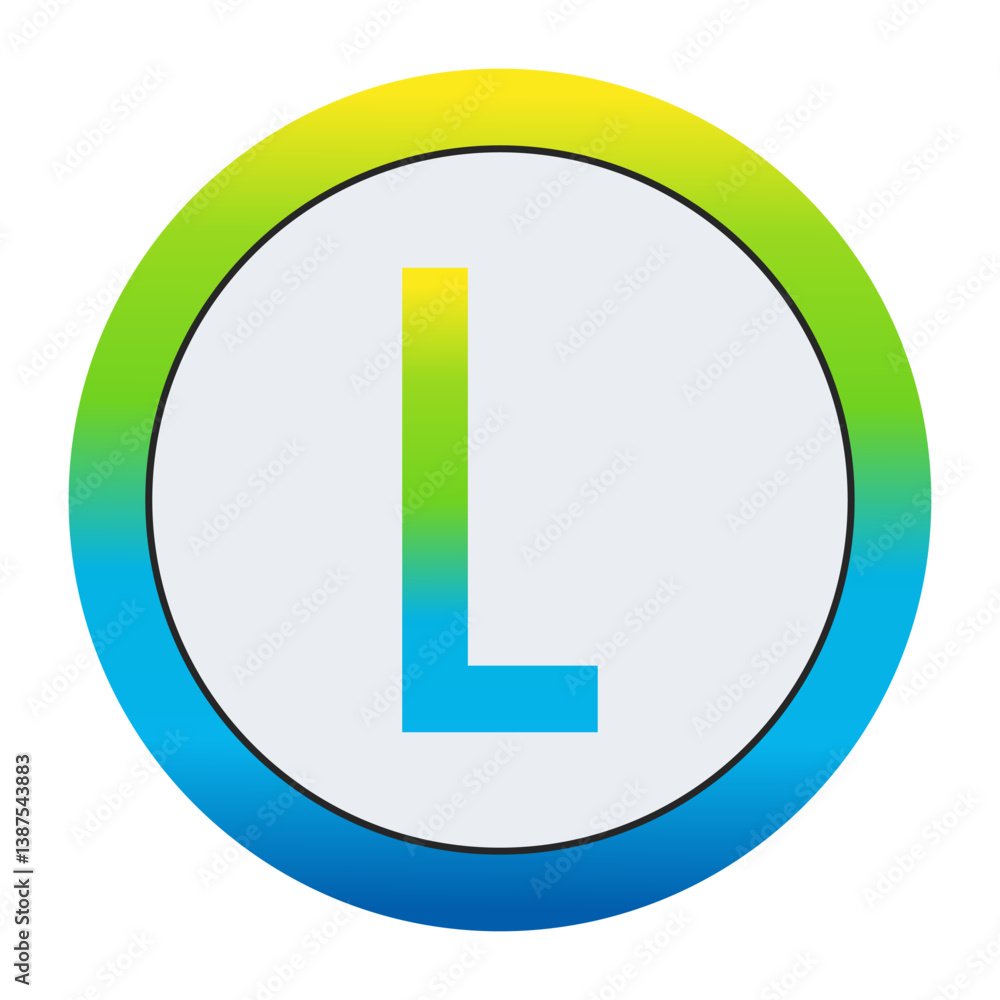 Vibrant Lemon Yellow, Soft Leaf Green, and Bright Sky Blue Gradient Capital Letter L in a Pure White Circle Framed by a Seamlessly Blended Color Gradient Border Vibrant Lemon Yellow, Soft Leaf Green, and Bright Sky Blue Gradient Capital Letter L in a Pure White Circle Framed by a Seamlessly Blended Color Gradient Border