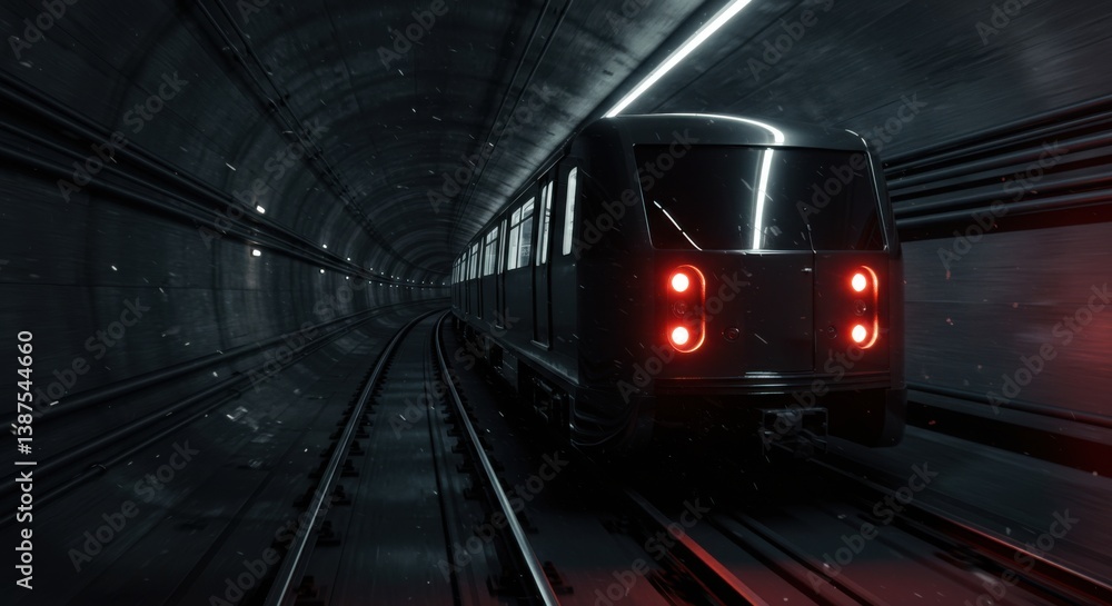 Fototapeta premium A futuristic, dark-colored train speeds through a dimly lit tunnel, its red lights glowing in the darkness