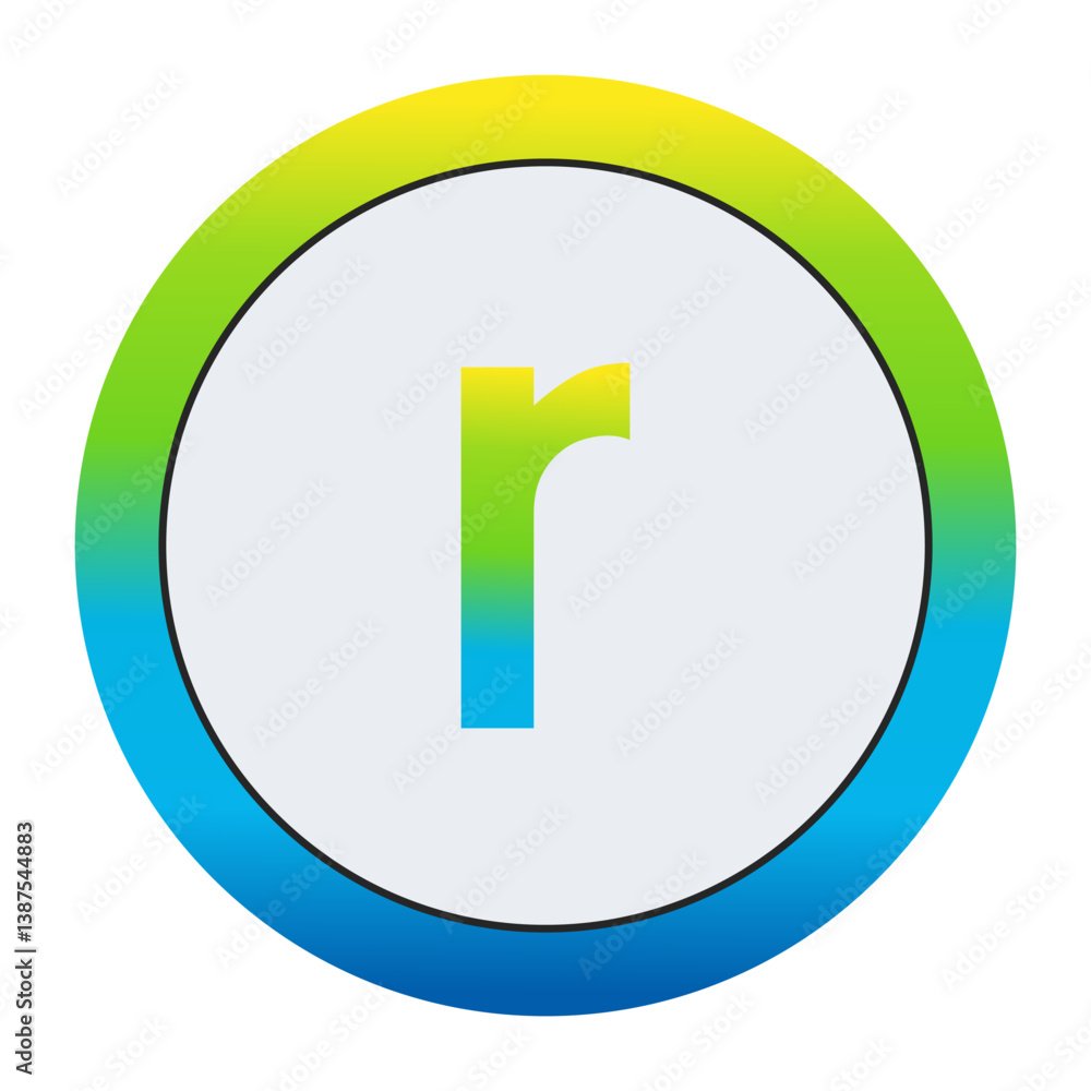 Vibrant Lemon Yellow, Soft Leaf Green, and Bright Sky Blue Gradient Lowercase Letter r in a Pure White Circle Framed by a Seamlessly Blended Color Gradient Border Vibrant Lemon Yellow, Soft Leaf Green, and Bright Sky Blue Gradient Lowercase Letter r in a Pure White Circle Framed by a Seamlessly Blended Color Gradient Border