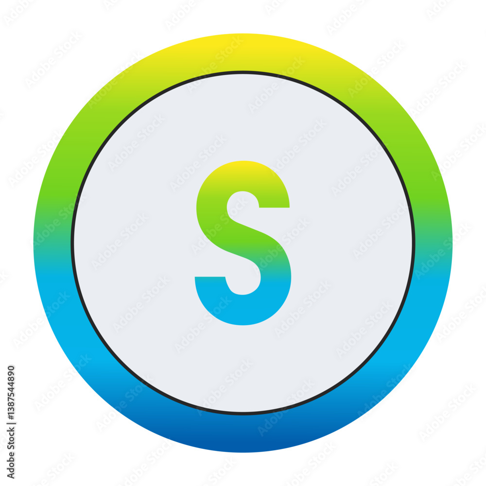 Vibrant Lemon Yellow, Soft Leaf Green, and Bright Sky Blue Gradient Lowercase Letter s in a Pure White Circle Framed by a Seamlessly Blended Color Gradient Border Vibrant Lemon Yellow, Soft Leaf Green, and Bright Sky Blue Gradient Lowercase Letter s in a Pure White Circle Framed by a Seamlessly Blended Color Gradient Border