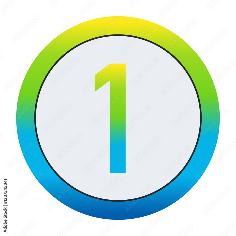 Vibrant Lemon Yellow, Soft Leaf Green, and Bright Sky Blue Gradient Number 1 in a Pure White Circle Framed by a Seamlessly Blended Color Gradient Border Vibrant Lemon Yellow, Soft Leaf Green, and Bright Sky Blue Gradient Number 1 in a Pure White Circle Framed by a Seamlessly Blended Color Gradient Border