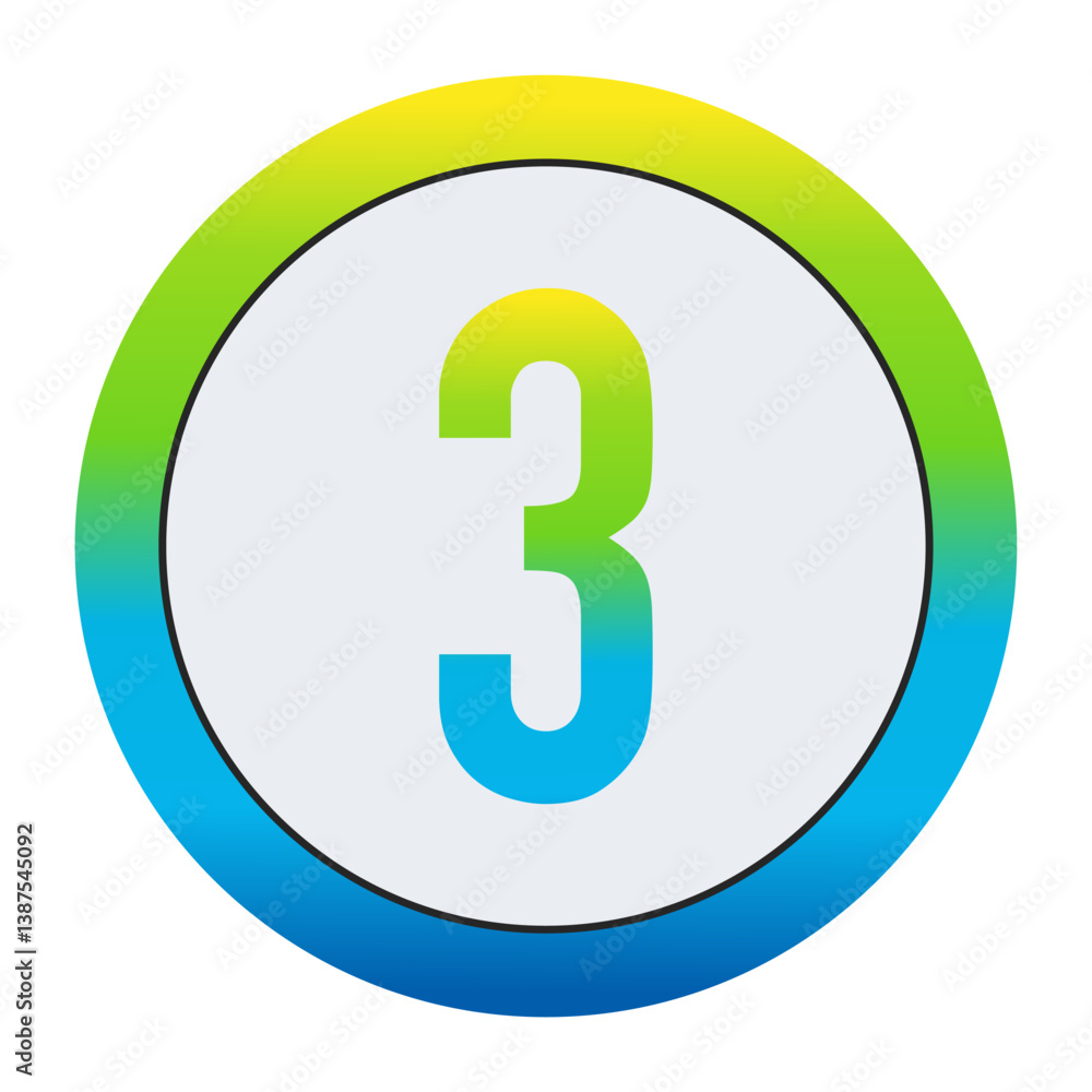 Vibrant Lemon Yellow, Soft Leaf Green, and Bright Sky Blue Gradient Number 3 in a Pure White Circle Framed by a Seamlessly Blended Color Gradient Border Vibrant Lemon Yellow, Soft Leaf Green, and Bright Sky Blue Gradient Number 3 in a Pure White Circle Framed by a Seamlessly Blended Color Gradient Border