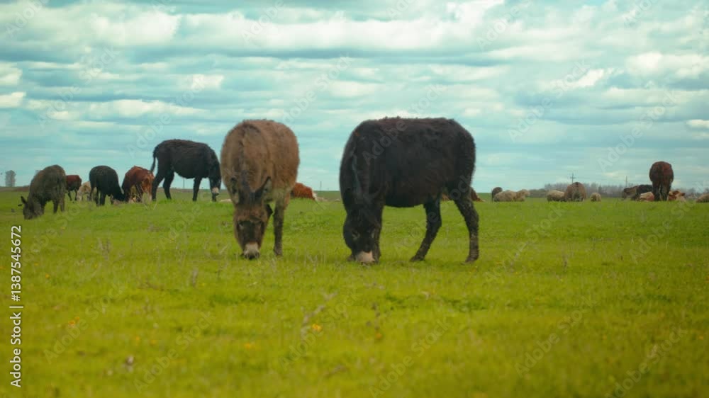 Donkeys grazing on a vibrant green meadow on a sunny spring day. The sky is dotted with fluffy white clouds, creating a picturesque backdrop for the tranquil rural landscape Donkeys grazing on a vibrant green meadow on a sunny spring day. The sky is dotted with fluffy white clouds, creating a picturesque backdrop for the tranquil rural landscape