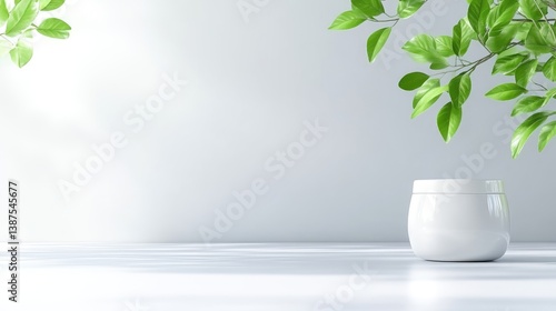 Minimalist, serene, modern scene with a white cosmetic jar and greenery. Soft sunlight bathes the clean, light-gray surface
