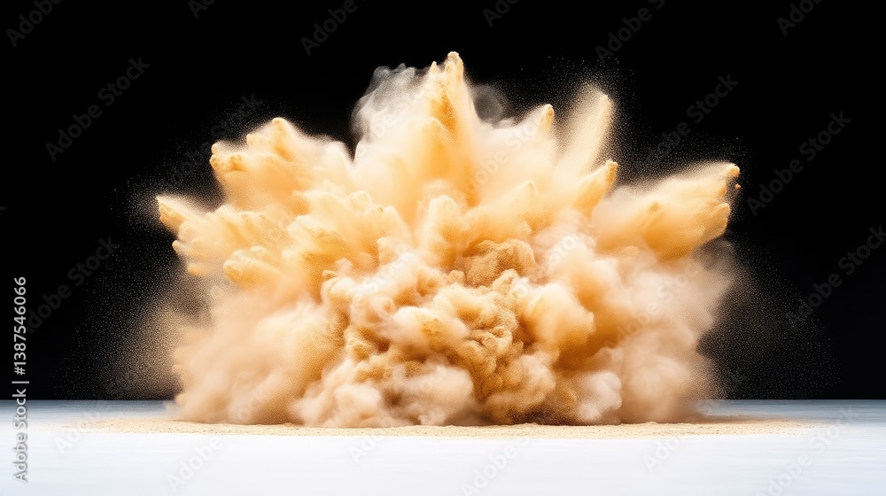 Sand Explosion Dramatic Dust Cloud, Fine Particles, High-Contrast Lighting, Full Frontal View, Textured Surface, Dynamic Force, Black Background, Warm Ochre Tones, Ideal for Science Articles Sand Explosion Dramatic Dust Cloud, Fine Particles, High-Contrast Lighting, Full Frontal View, Textured Surface, Dynamic Force, Black Background, Warm Ochre Tones, Ideal for Science Articles
