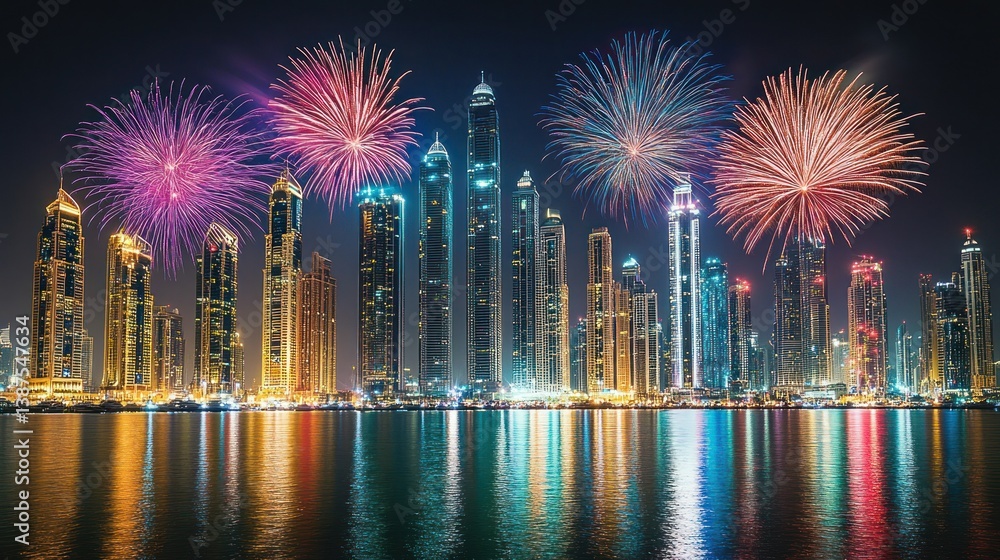 Obraz premium Sparkling fireworks over illuminated skyscrapers