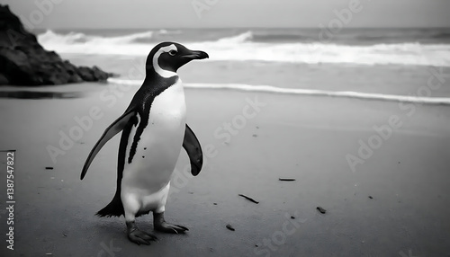Penguin standing on beach in black and white with ocean backdrop