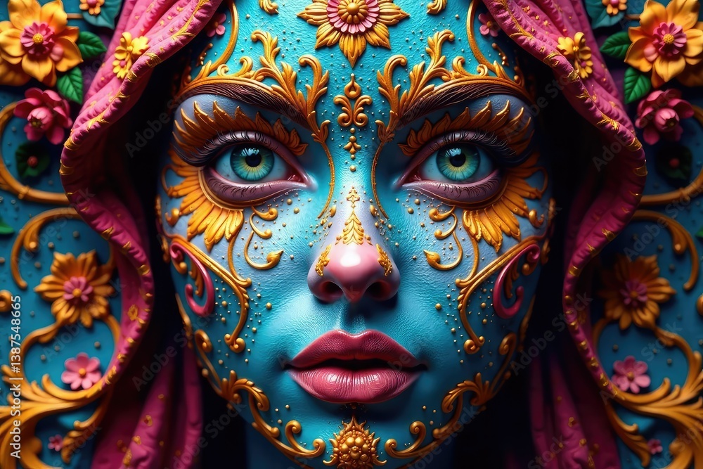 Intricate, symmetrical face-like pattern on fabric, decor, needlework, design Intricate, symmetrical face-like pattern on fabric, decor, needlework, design