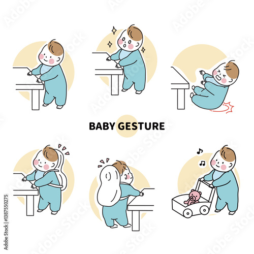 つかまり立ちをする男の子の赤ちゃん（白フチ）