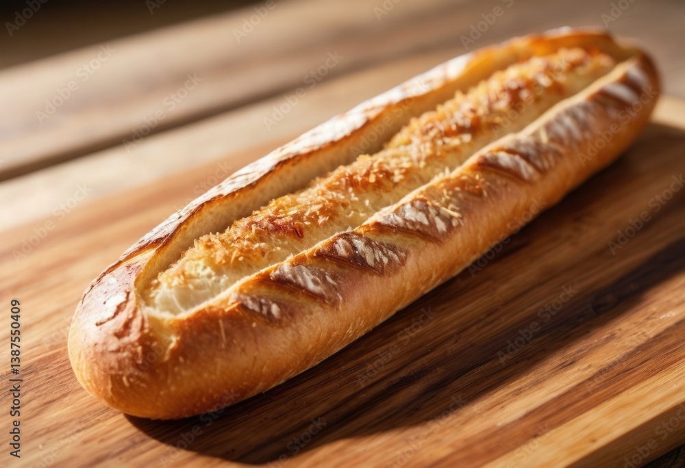 Freshly baked baguette on wooden cutting board in sunlight Freshly baked baguette on wooden cutting board in sunlight