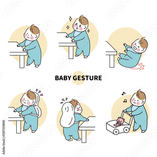 つかまり立ちをする男の子の赤ちゃん（背景あり）