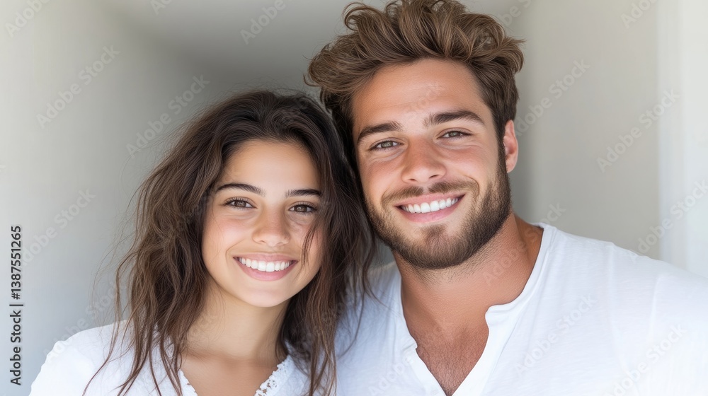 Happy Couple Portrait Bright White Apparel, Natural Lighting Close-up, Smiling Faces, Neutral Background, Warm Gentle Tones, Perfect for Dating Sites Happy Couple Portrait Bright White Apparel, Natural Lighting Close-up, Smiling Faces, Neutral Background, Warm Gentle Tones, Perfect for Dating Sites