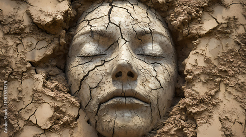A crumbling face with corrosion and cracks, surrounded by fractured dirt ground, representing the destructive forces of time and nature. Crumbling Memories. Illustration