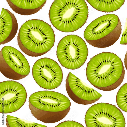 Seamless kiwi pattern. Sliced ​​kiwi on a white background. The design is great for wallpaper, fabric, labels, packaging.