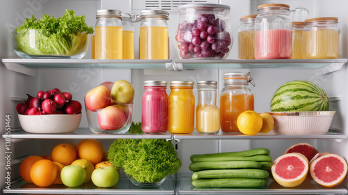 Fototapeta Naklejka Na Ścianę i Meble -  refrigerator with glass shelves is filled with fresh fruits and juices