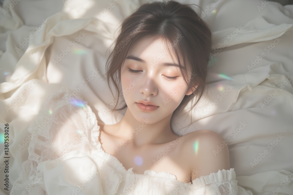 Serene Asian Woman Sleeping Peacefully on White Linen Bed, Dreamy & Relaxed Lifestyle Serene Asian Woman Sleeping Peacefully on White Linen Bed, Dreamy & Relaxed Lifestyle