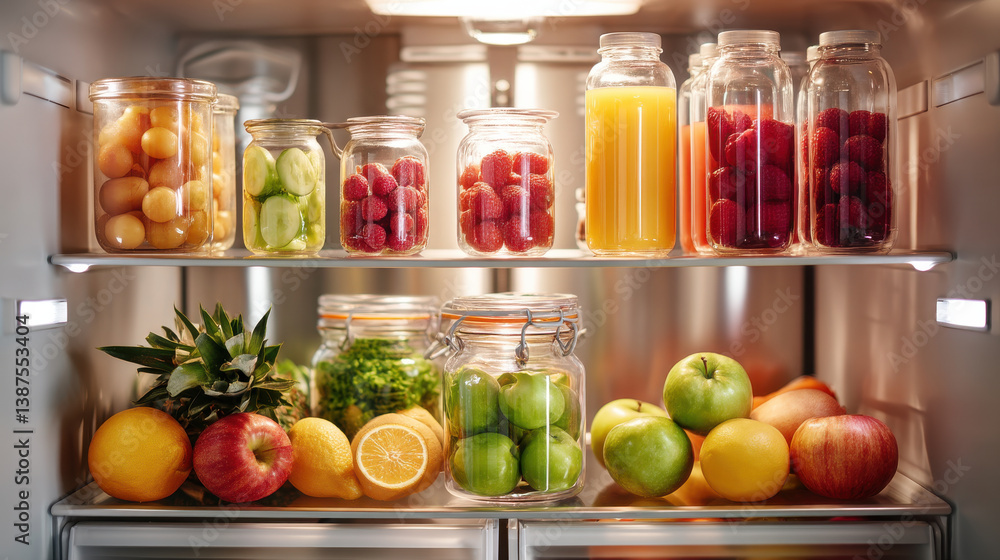Jars of fruits and juice in refrigerator with fresh produce Jars of fruits and juice in refrigerator with fresh produce