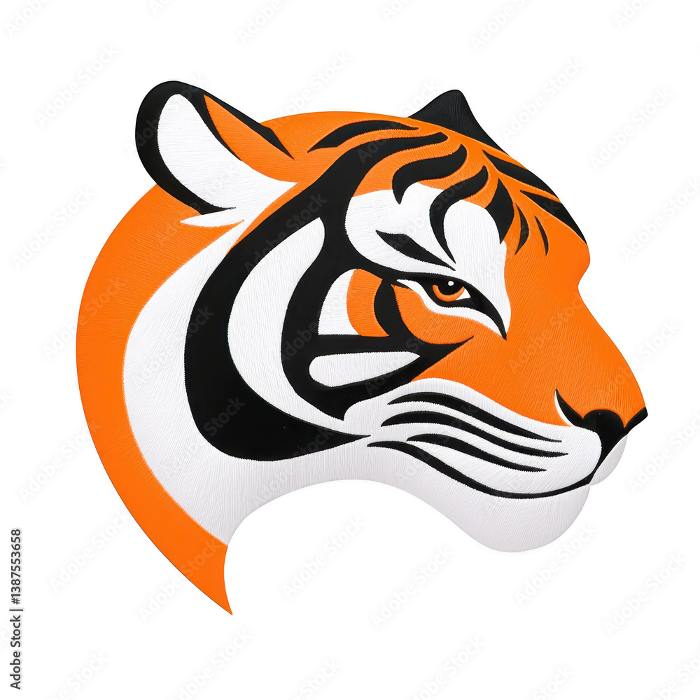 Obraz premium A stylized tiger head illustration features bold orange, black, and white colors, capturing fierce and majestic essence of animal. design is modern and dynamic