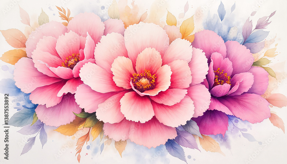 Fototapeta premium Watercolor bouquet of pink and purple flowers on white background