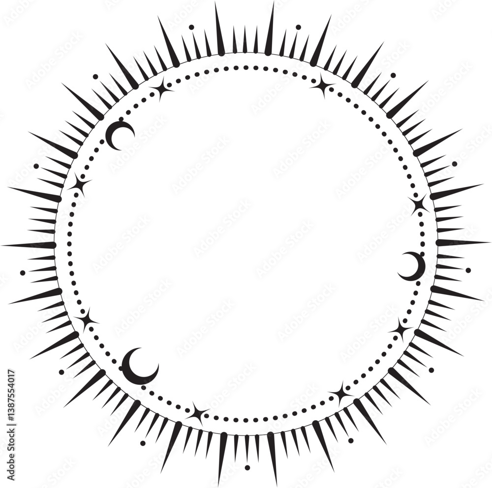 Circle frame with star dust. Round celestial border with sparkles. Magic cosmic ring with astrology symbols. Spiritual elements for Christmas and astrology design Circle frame with star dust. Round celestial border with sparkles. Magic cosmic ring with astrology symbols. Spiritual elements for Christmas and astrology design