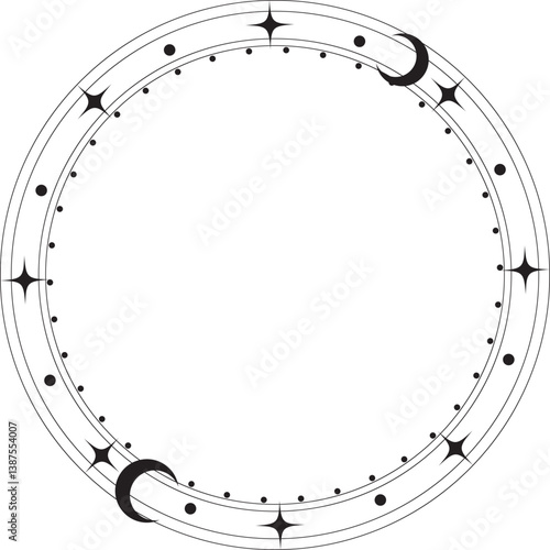 Circle frame with star dust. Round celestial border with sparkles. Magic cosmic ring with astrology symbols. Spiritual elements for Christmas and astrology design