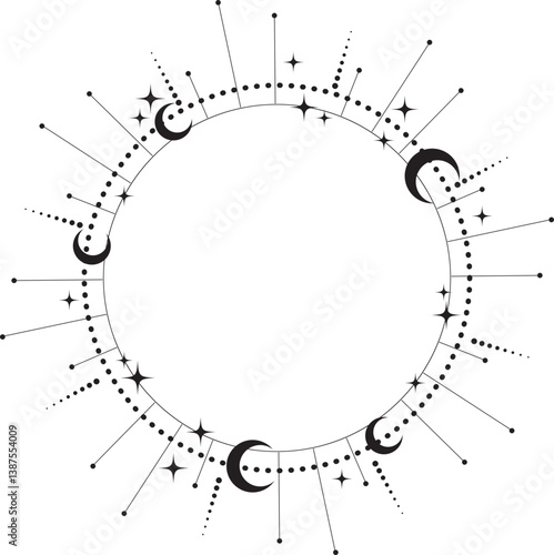 Circle frame with star dust. Round celestial border with sparkles. Magic cosmic ring with astrology symbols. Spiritual elements for Christmas and astrology design