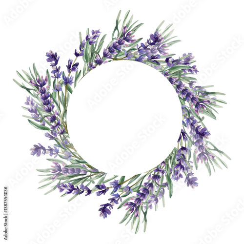 Lavender province watercolor wreath template. Hand drawn isolated floral frame with violet filed flowers,summer romantic clipart with aroma botanical elements for card,invitation,packing design