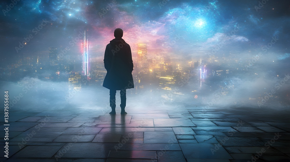 Obraz premium A solitary figure observing a futuristic city skyline at night