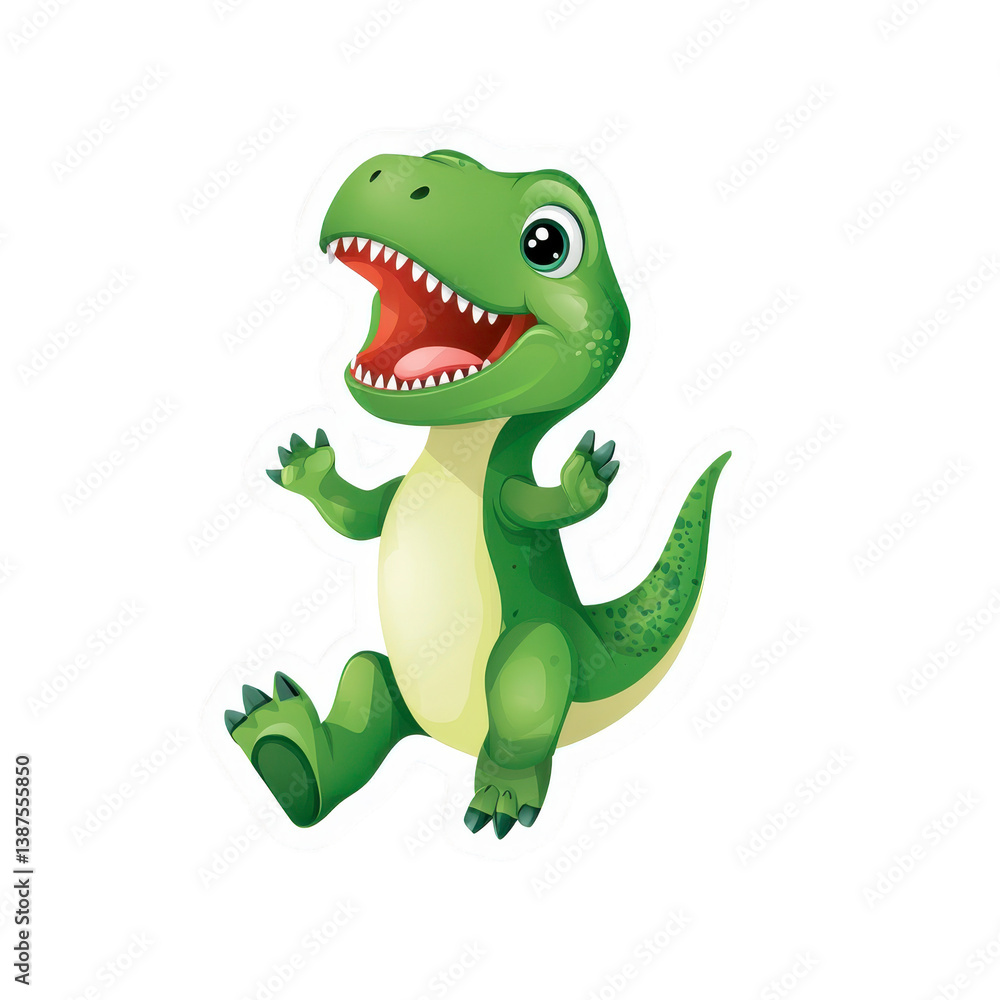 A cute cartoon dinosaur with big smile and green scales is playfully posing. Its large eyes and open mouth add to its cheerful expression, making it appealing to children A cute cartoon dinosaur with big smile and green scales is playfully posing. Its large eyes and open mouth add to its cheerful expression, making it appealing to children