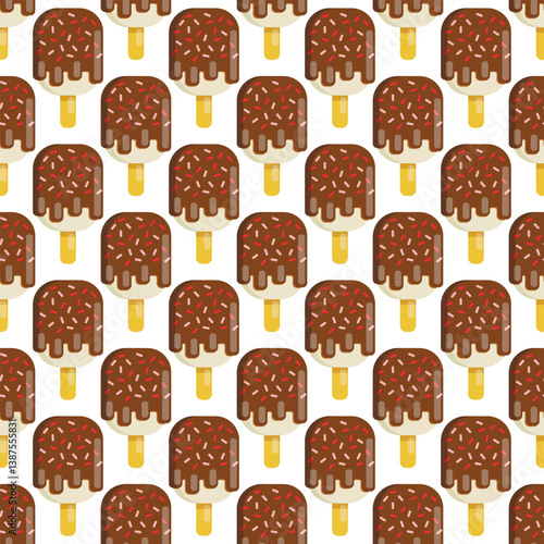 Vector seamless pattern of ice cream. Popsicle on a stick, ice cream with chocolate glaze, sprinkled