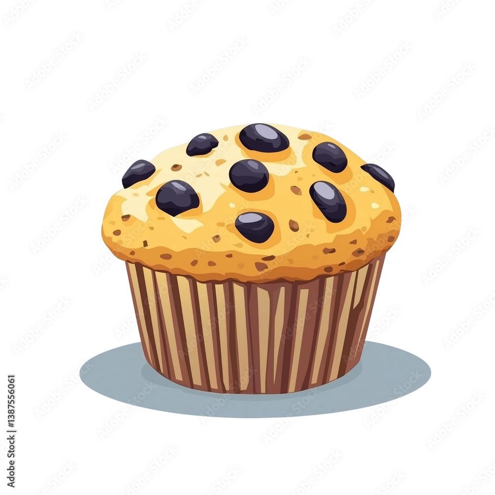 A colorful illustration of a chocolate chip muffin on a plate, showcasing its textured top and striped paper wrapper isolated on white background and transparent background A colorful illustration of a chocolate chip muffin on a plate, showcasing its textured top and striped paper wrapper isolated on white background and transparent background
