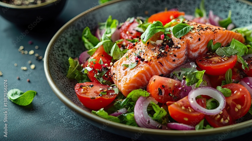 Grilled salmon fillet and fresh vegetable salad with tomatoes, red onions and lettuce. Grilled salmon fillet and fresh vegetable salad with tomatoes, red onions and lettuce.
