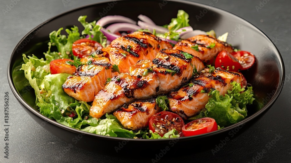 Grilled salmon fillet and fresh vegetable salad with tomatoes, red onions and lettuce. Grilled salmon fillet and fresh vegetable salad with tomatoes, red onions and lettuce.
